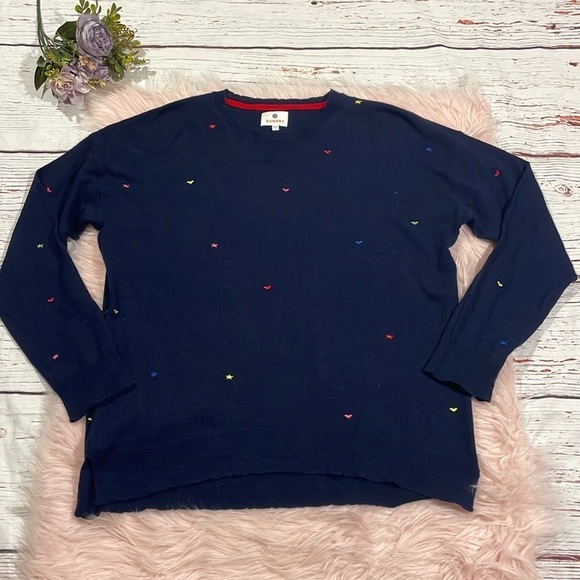 Sundry Star Heart Embroidered Navy Wool Cashmere Crewneck Sweater - Picture 1 of 8